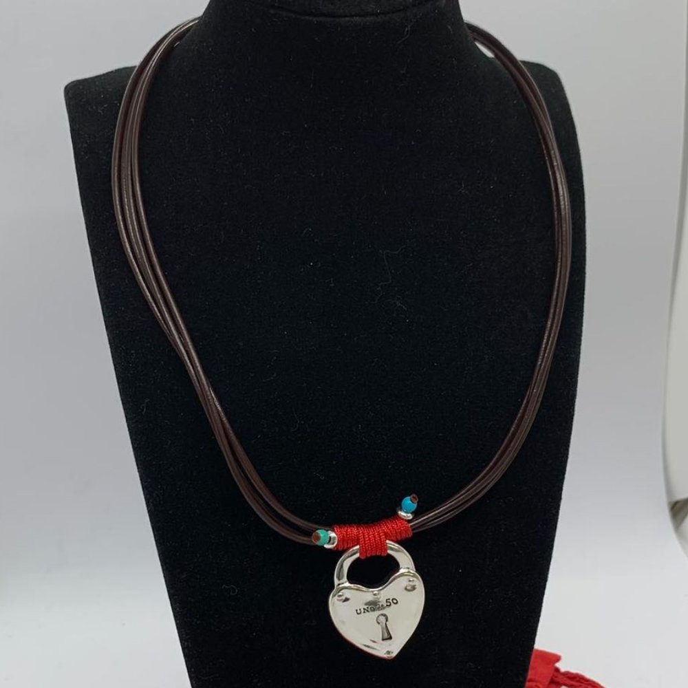 Uno de 50 Necklace Silver -plated LOVE Heart Pendant Brown leather Necklace